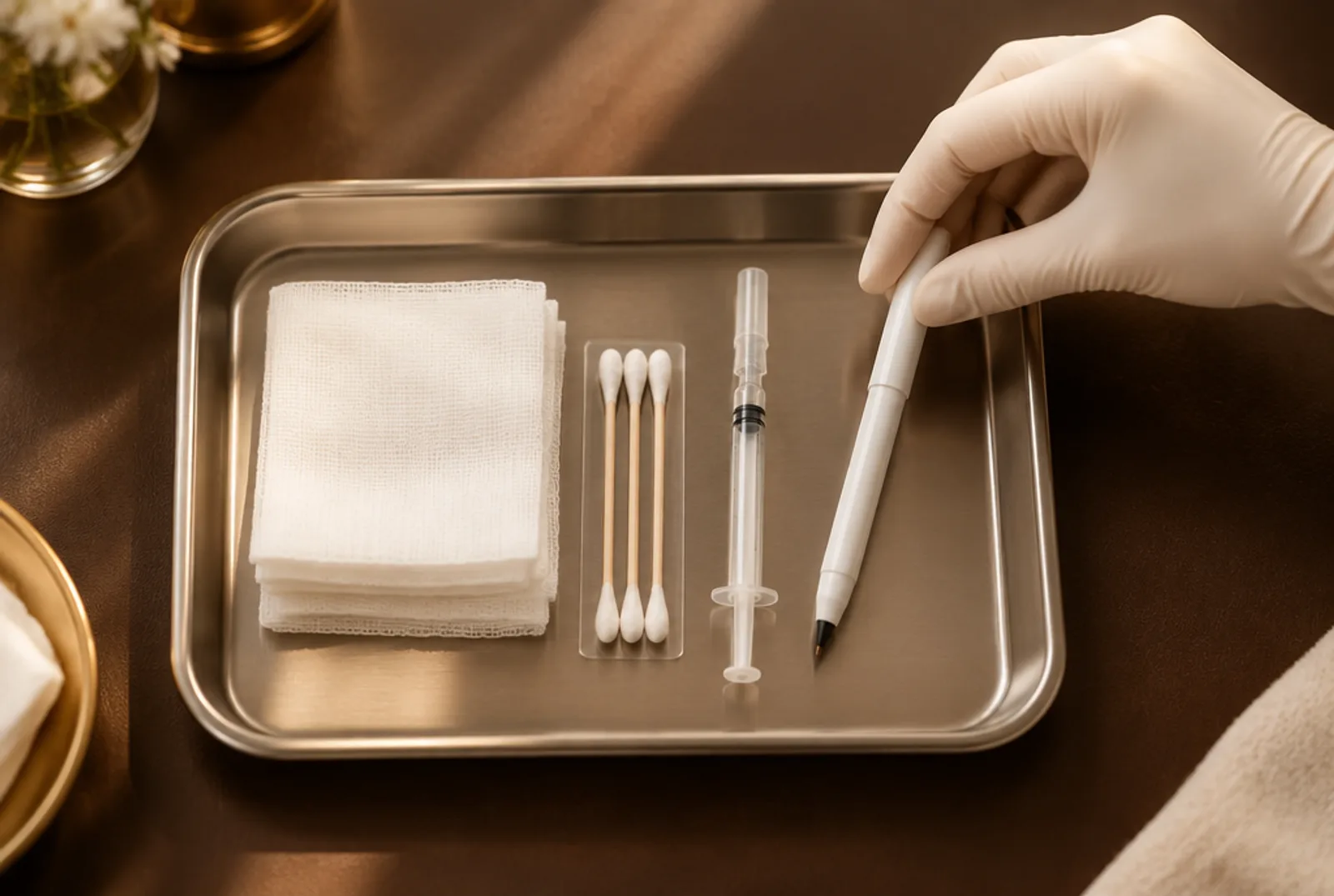 Illustration: gloved hands and plain tools on a tray