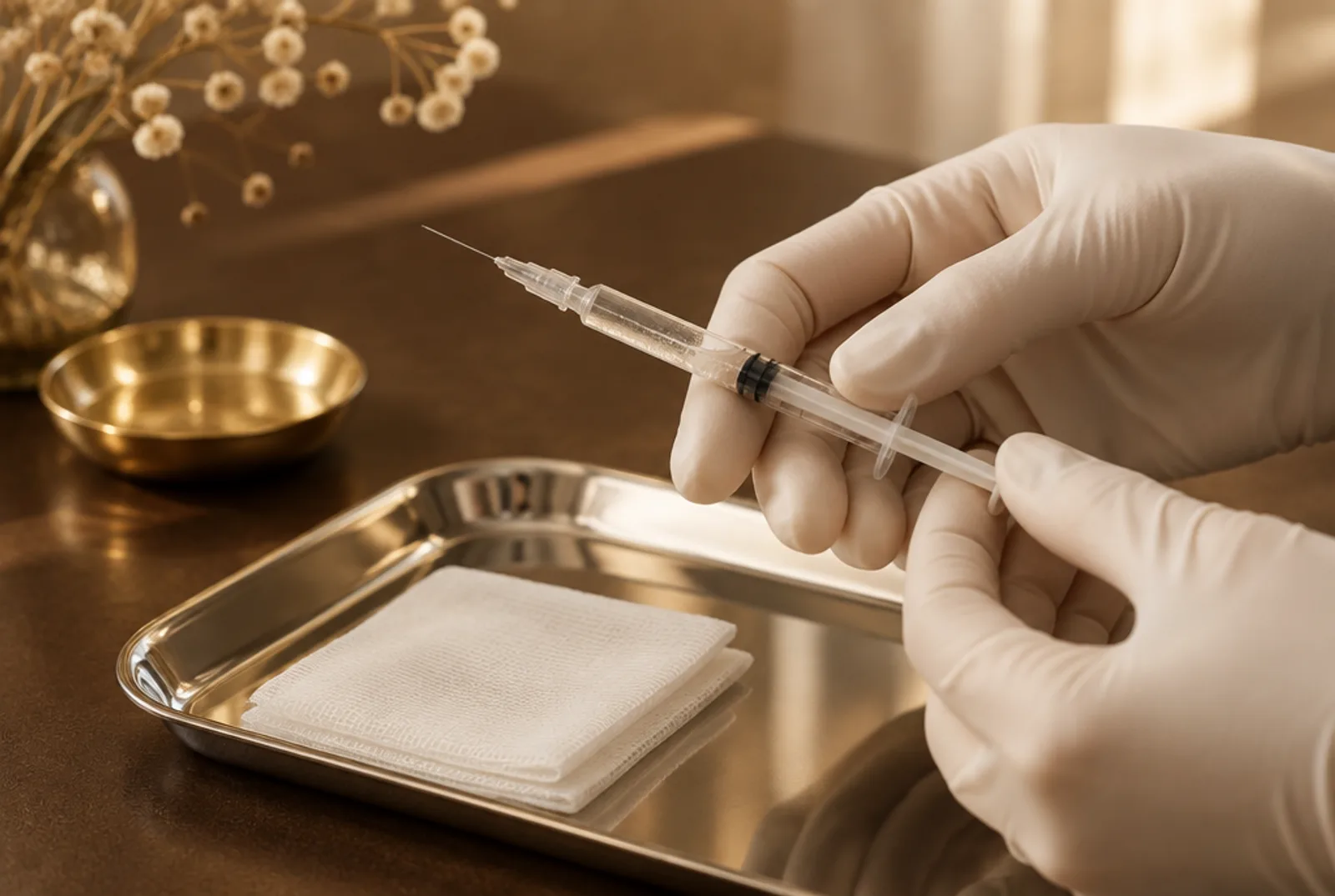 Illustration: gloved hands and plain tools on a tray