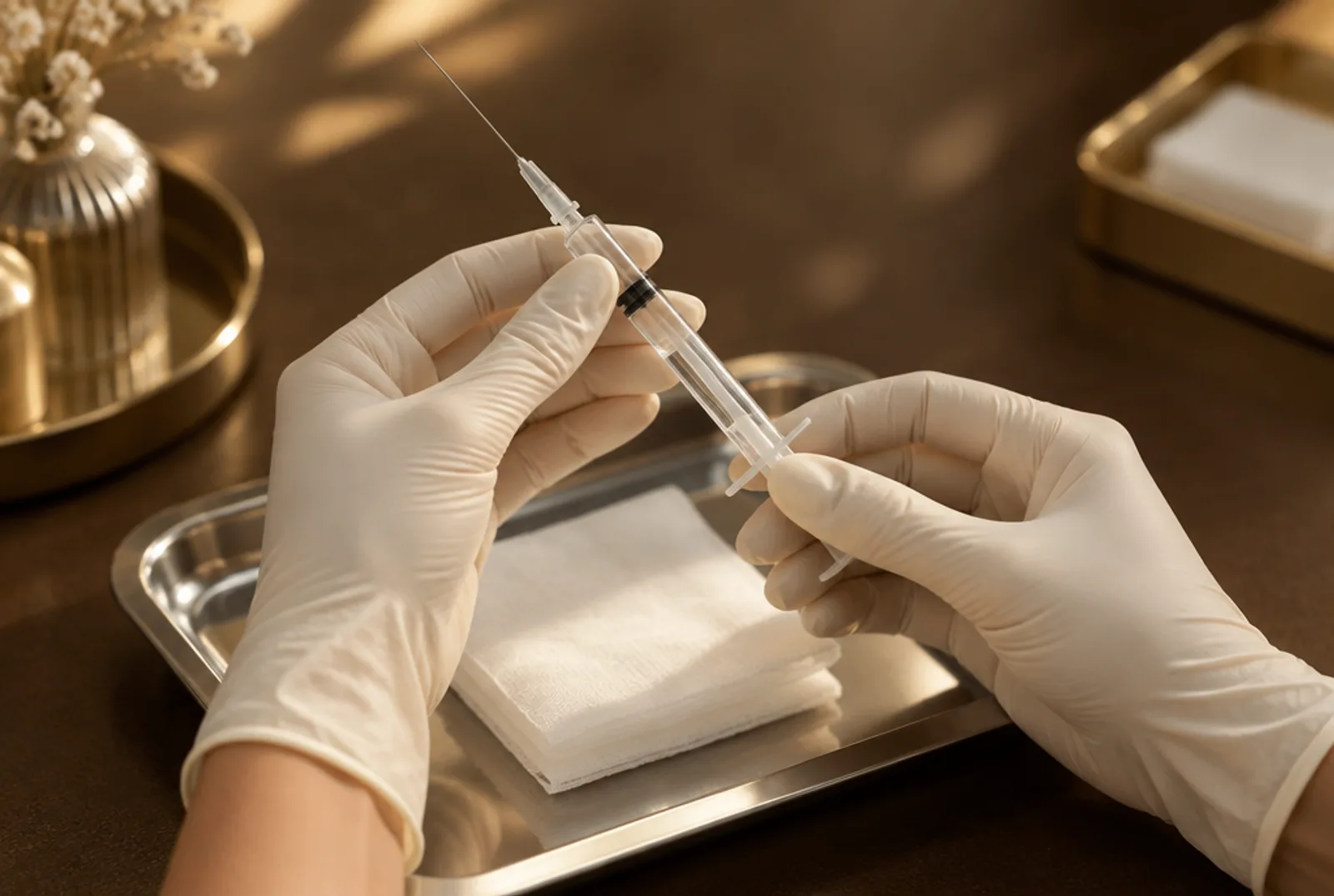 Illustration: gloved hands and plain tools on a tray