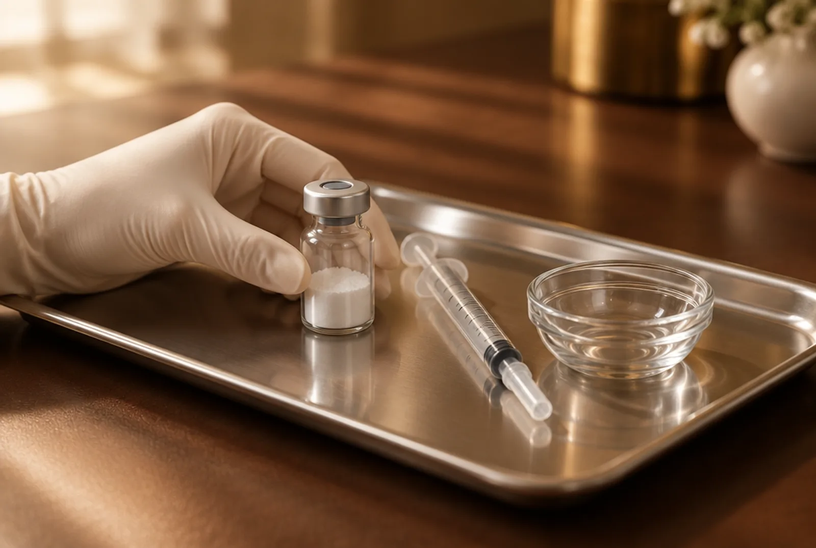 Illustration: gloved hands and plain tools on a tray